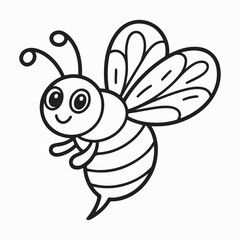 Vector line art of a smiling cartoon bee with wings and stripes for kids' art and coloring books