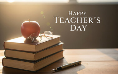 A teacher's day poster, wooden desk, stacked books, an apple, eyeglasses,  fountain pen, sunlight background,  text “Happy Teacher’s Day,”