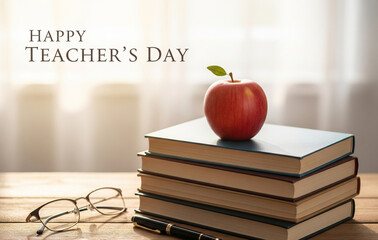A teacher's day poster, wooden desk, stacked books, an apple, eyeglasses, fountain pen, sunlight background, text “Happy Teacher’s Day,”