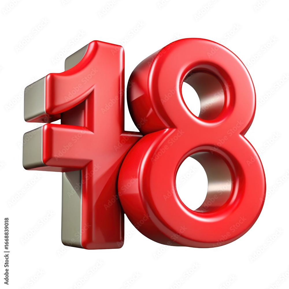 Poster 3d red number 18 isolated on transparent background