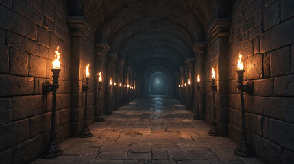 Burning Torches Illuminate Dark Stone Corridor Leading to Secret Vault