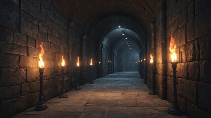 Fototapeta premium Burning Torches Illuminate Dark Stone Corridor Leading to Secret Vault