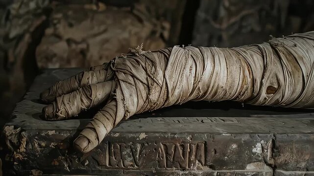 Close-up view of a mummified human arm, wrapped in aged linen bandages, resting on an ancient stone sarcophagus with carved inscriptions.