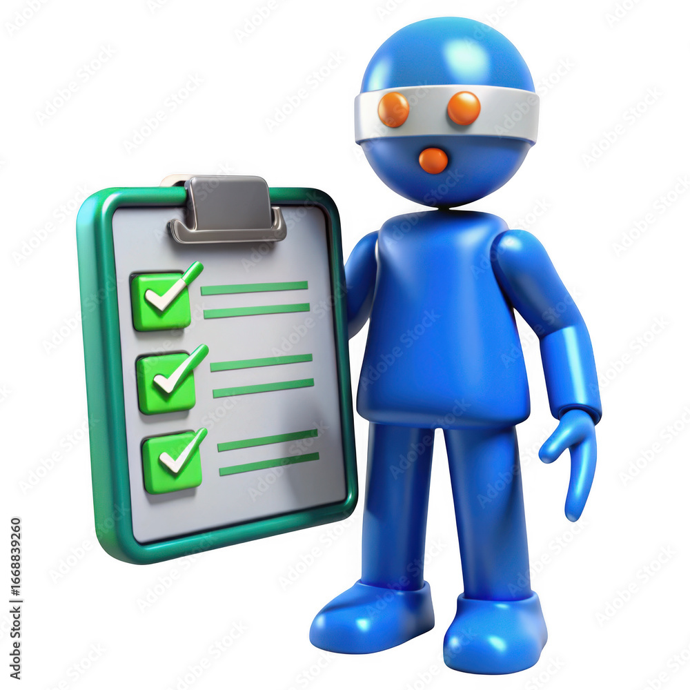 Poster 3d blue robot with checklist isolated on transparent background