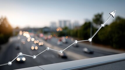 Graphs illustrating financial trends overlay a busy urban road as evening approaches, highlighting economic movement and vitality