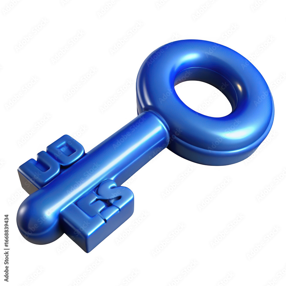 Poster 3d blue metallic key with circular handle isolated on transparent background
