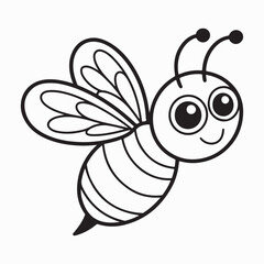Detailed outline drawing of a cartoon bee with large eyes, wings, and striped body, perfect for children's books