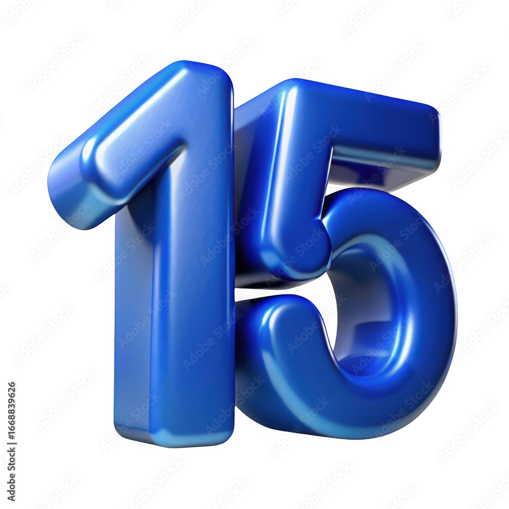 Poster 3d blue number 15 with glossy finish isolated on transparent background