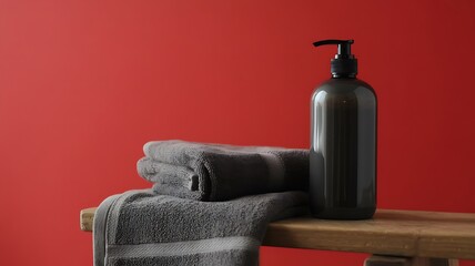 Dark grey towels and soap dispenser on wooden bench