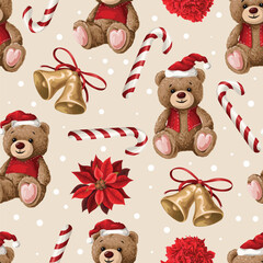 Vector seamless Christmas pattern with bear, poinsettia flower and candy