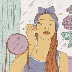 Beautiful young woman at home in front of the mirror doing makeup. Cute girl paints eyelids with a brush for shadows. She takes care of herself. Vector illustration, flat style. Hand drawn.