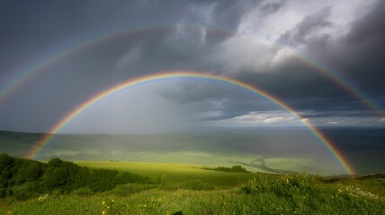 Fototapeta premium Double rainbow over green rolling hills after rain
