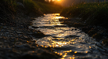 Close-up of golden mountain texture, sparkling minerals, stream flowing at sunset.