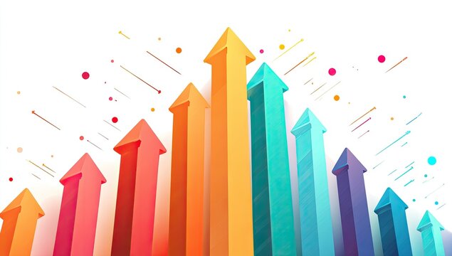 Colorful, upward-pointing arrows, various shades, suggesting growth and progress.  Abstract, dynamic design elements, like lines and dots, enhance the visual theme
