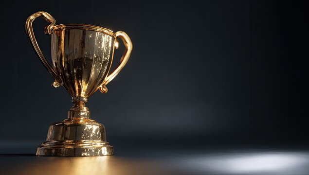 Golden trophy on a dark background.  A polished gold trophy sits on a dark surface, bathed in a warm, focused light.  The trophy's base and body gleam with a rich golden hue