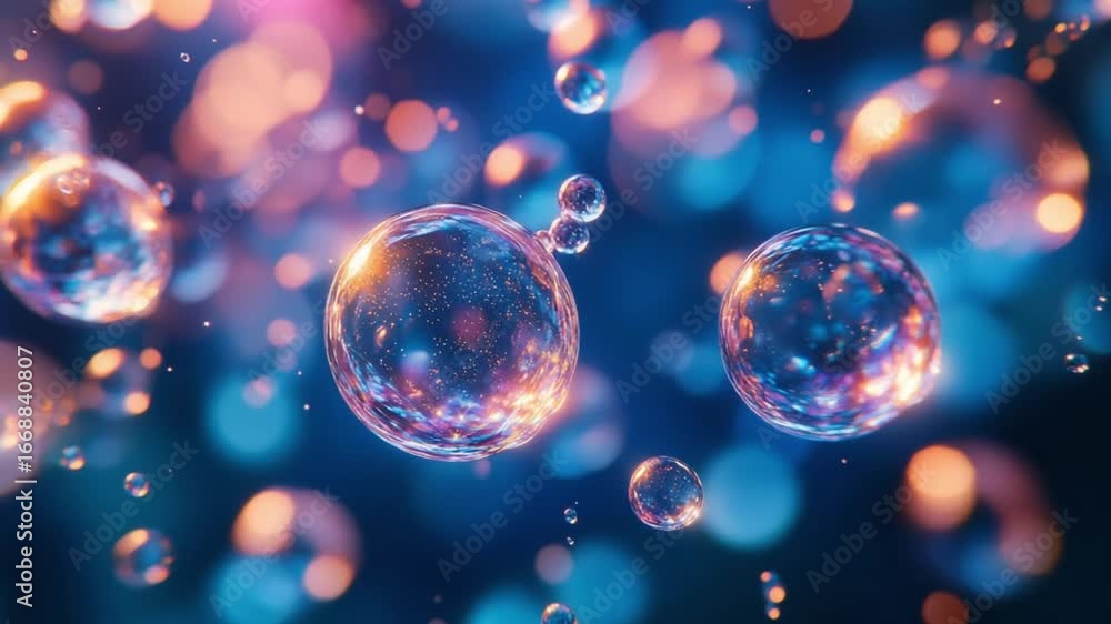 Poster colorful bubbles float gracefully in dreamy background filled with soft lights, creating whimsical a