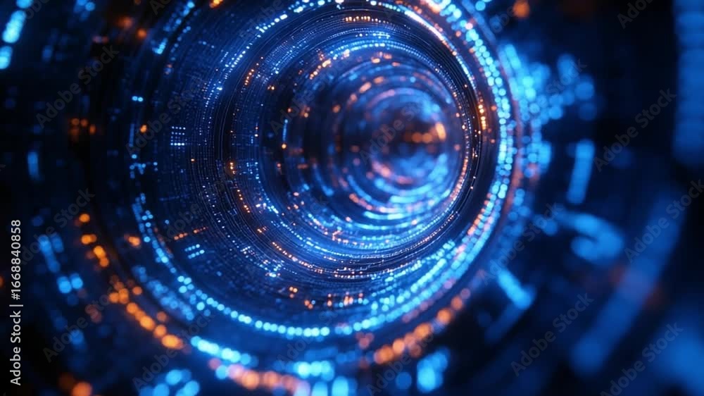 Poster vibrant blue and orange lights illuminate mesmerizing digital tunnel, creating depth and movement wh