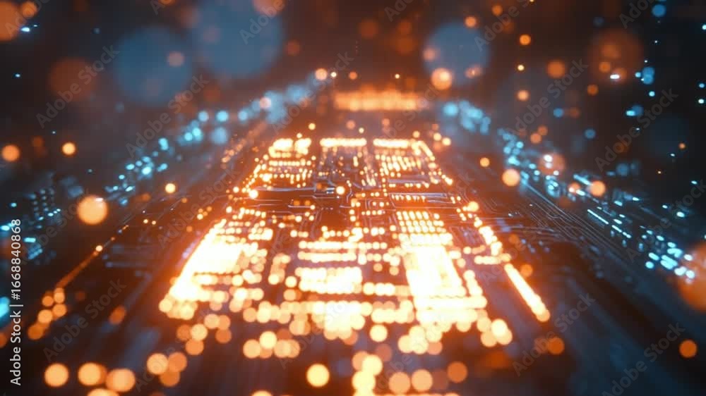 Poster vibrant digital landscape showcasing glowing circuits and illuminated patterns in blue and orange, c