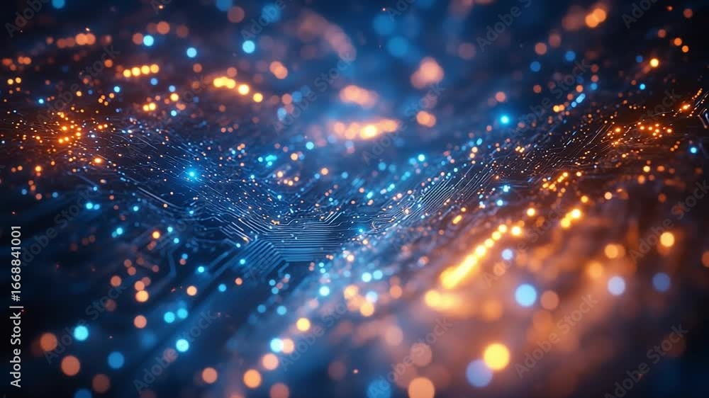Poster vibrant digital circuit with glowing lights creates abstract background in blue and orange, showcasi