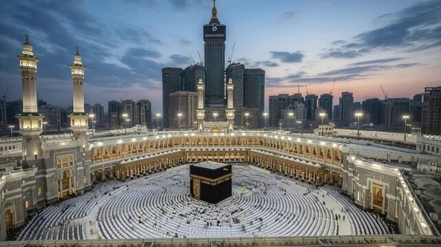Aerial view of the masjid alharam in mecca at dusk with city skyline