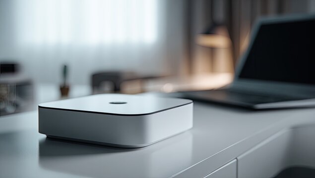 Sleek, white mini-PC sits on a white desk,  blurry background of laptop and room