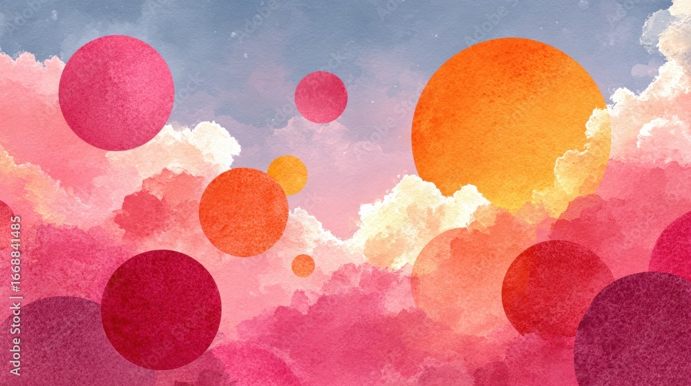 Poster a painting of a sky with many different colored circles. the circles are of various sizes and colors