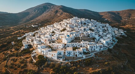 Naklejka premium Aerial view of a picturesque Greek village on a sunny day.