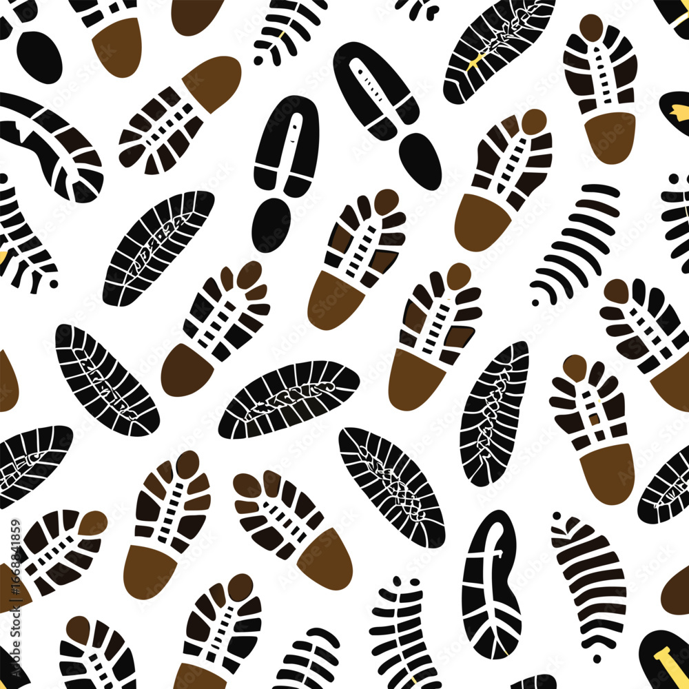 Poster seamless pattern of boot sole imprints with varying orientations, vector tile able design, high-cont