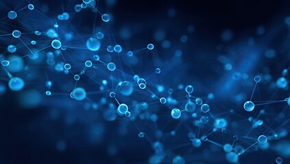 Abstract representation of molecules in motion.  Dark blue background filled with luminous, interconnected spheres connected by transparent lines.  Depth of field creates a sense of movement