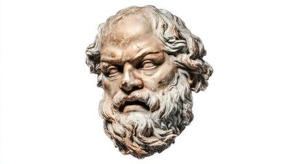 Ancient marble sculpture bust of a stern-faced philosopher with beard, looking forward