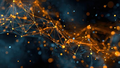 Abstract network of interconnected points and lines, vibrant orange and blue hues against a dark background.  Intricate web-like structure, with glowing particles