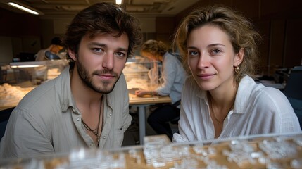 Team members engage in a focused discussion about architectural models and plans in a contemporary office space