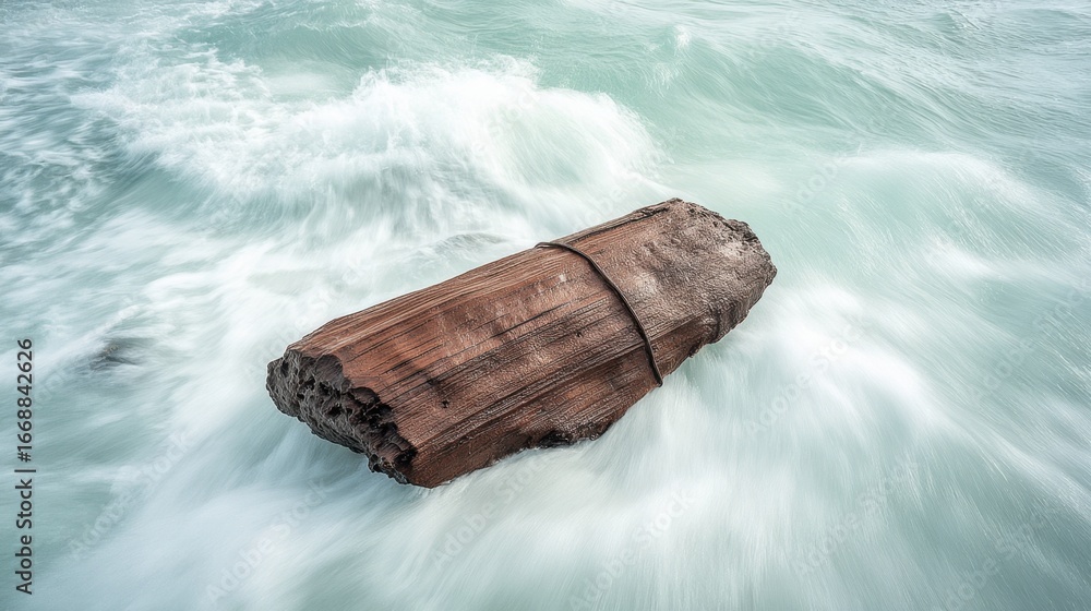 Aufkleber a large rock is floating in the ocean with the water splashing around it. the scene is calm and peac