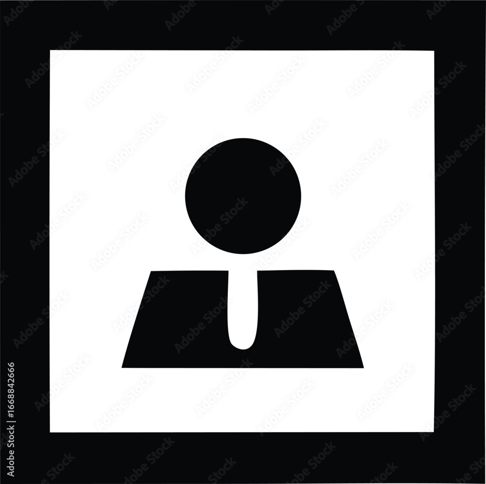 Poster simple black silhouette icon represents a person or user profile in a square frame with clean design