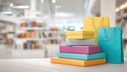 Colorful gift boxes and shopping bags on a light wooden surface in a blurred retail store background