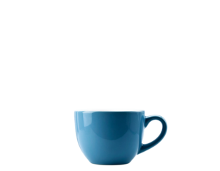 A single blue ceramic mug with a white rim on a black background