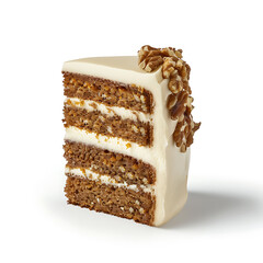 Layered Carrot Cake Slice with Cream Cheese Frosting and Walnut Garnish