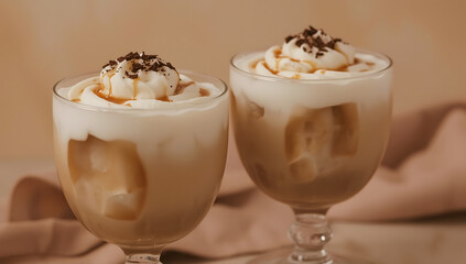 Cream and coffee cocktail in delicate transparent glasses filled with ice cubes, with a creamy foam topping and a drizzle of caramel-colored syrup, set against a warm and cozy background with a soft 