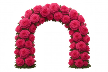 Floral wedding arch decorated with pink roses, creating a romantic atmosphere, on transparent background