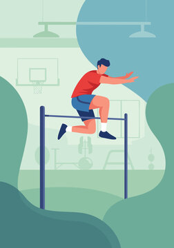 Athletic man performing a workout on parallel bars in gym
