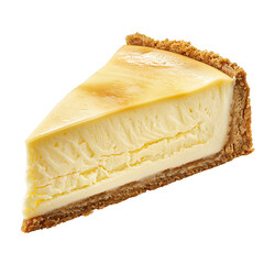 A slice of creamy cheesecake with a golden graham cracker crust