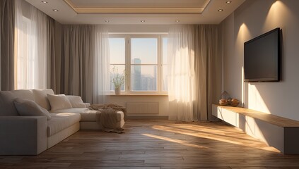 Fototapeta premium Bright, modern living room with city view
