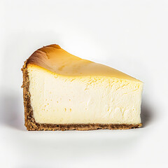 A slice of classic cheesecake with a golden-brown top and graham cracker crust, presented against a white background.