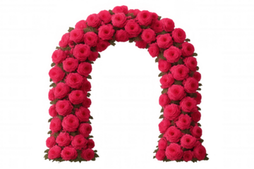 Floral wedding arch forming a semicircle, adorned with pink roses and green leaves, isolated on a transparent background