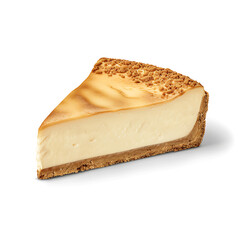 A slice of creamy cheesecake with a graham cracker crust and caramel topping