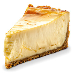 Slice of creamy cheesecake with caramel topping and graham cracker crust