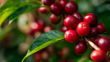 Obraz premium Vibrant Cluster of Ripe Red Coffee Cherries on a Lush Green Branch