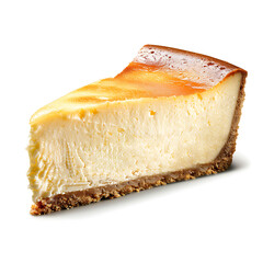 Slice of creamy cheesecake with a caramel topping and graham cracker crust