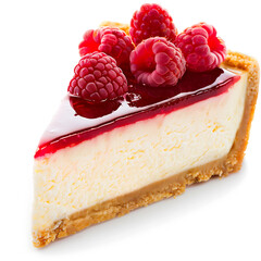 Slice of Cheesecake Topped with Fresh Raspberries and Raspberry Sauce
