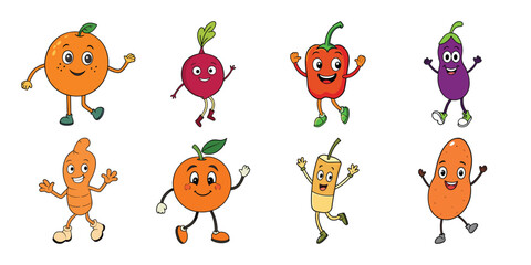 Happy Cartoon Vegetables Walking and Waving on White Background for Children s Illustration